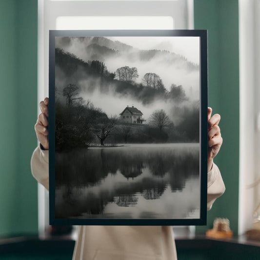 Misty Lake House Print | Tranquil Black and White Nature Art | Serene Landscape Decor