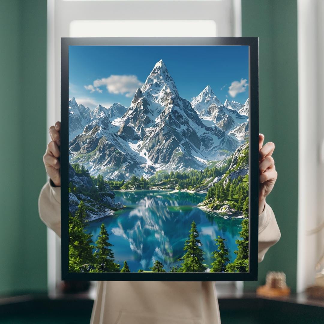 Mountain Lake Reflection Poster | Tranquil Nature Wall Art | Scenic Landscape Printable
