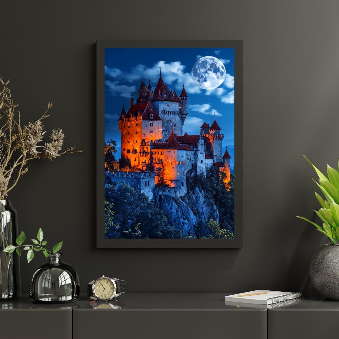 Moonlit Gothic Castle Art Print | Fantasy Digital Download | Haunted Wall Decor