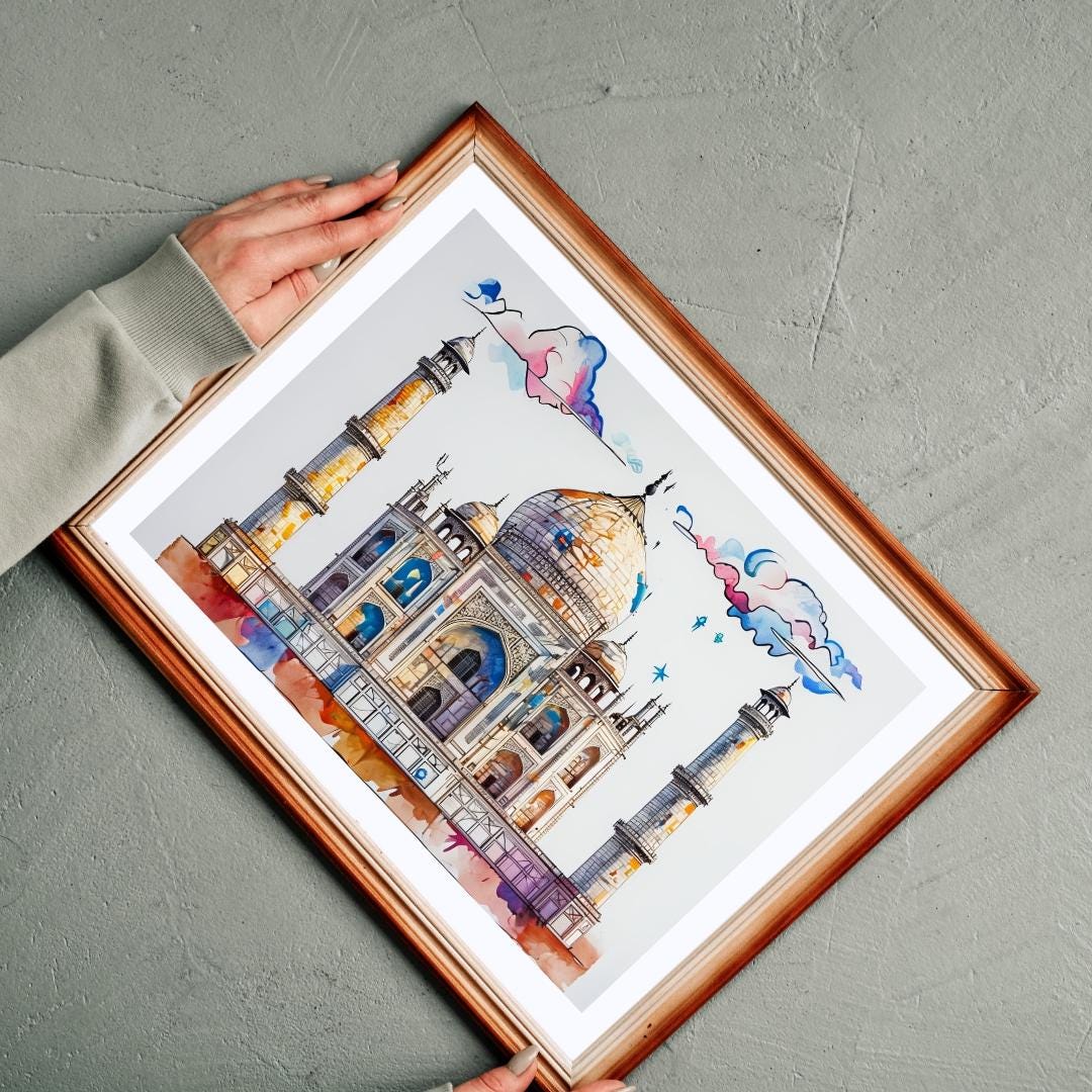 Taj Mahal Watercolor Print | India Landmark Art | Digital Download