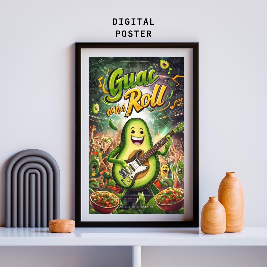 Fun Avocado Kitchen Art | Retro Food Decor | Guac and Roll Poster