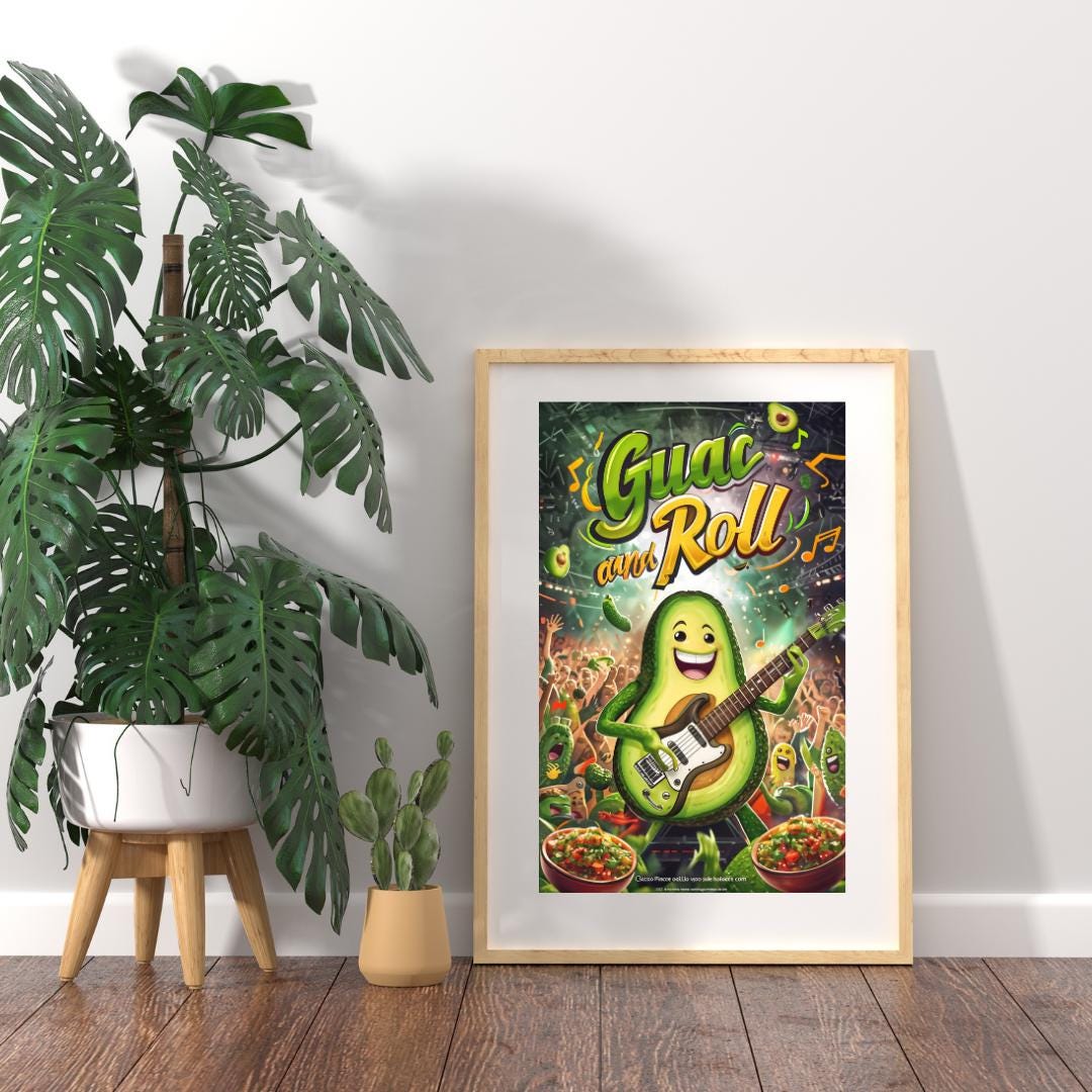 Fun Avocado Kitchen Art | Retro Food Decor | Guac and Roll Poster