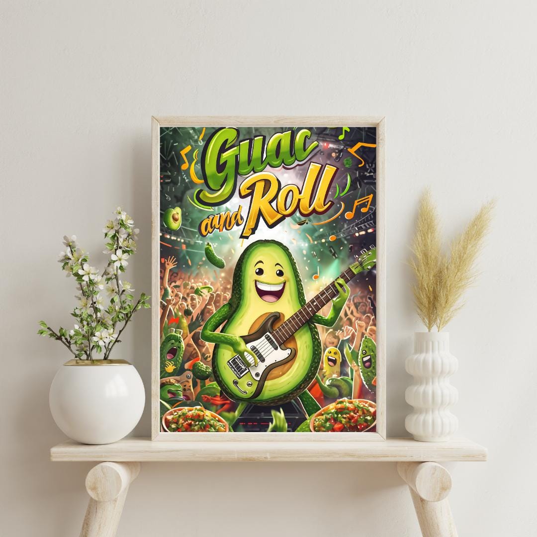 Fun Avocado Kitchen Art | Retro Food Decor | Guac and Roll Poster