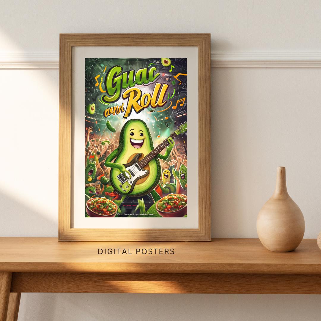 Fun Avocado Kitchen Art | Retro Food Decor | Guac and Roll Poster