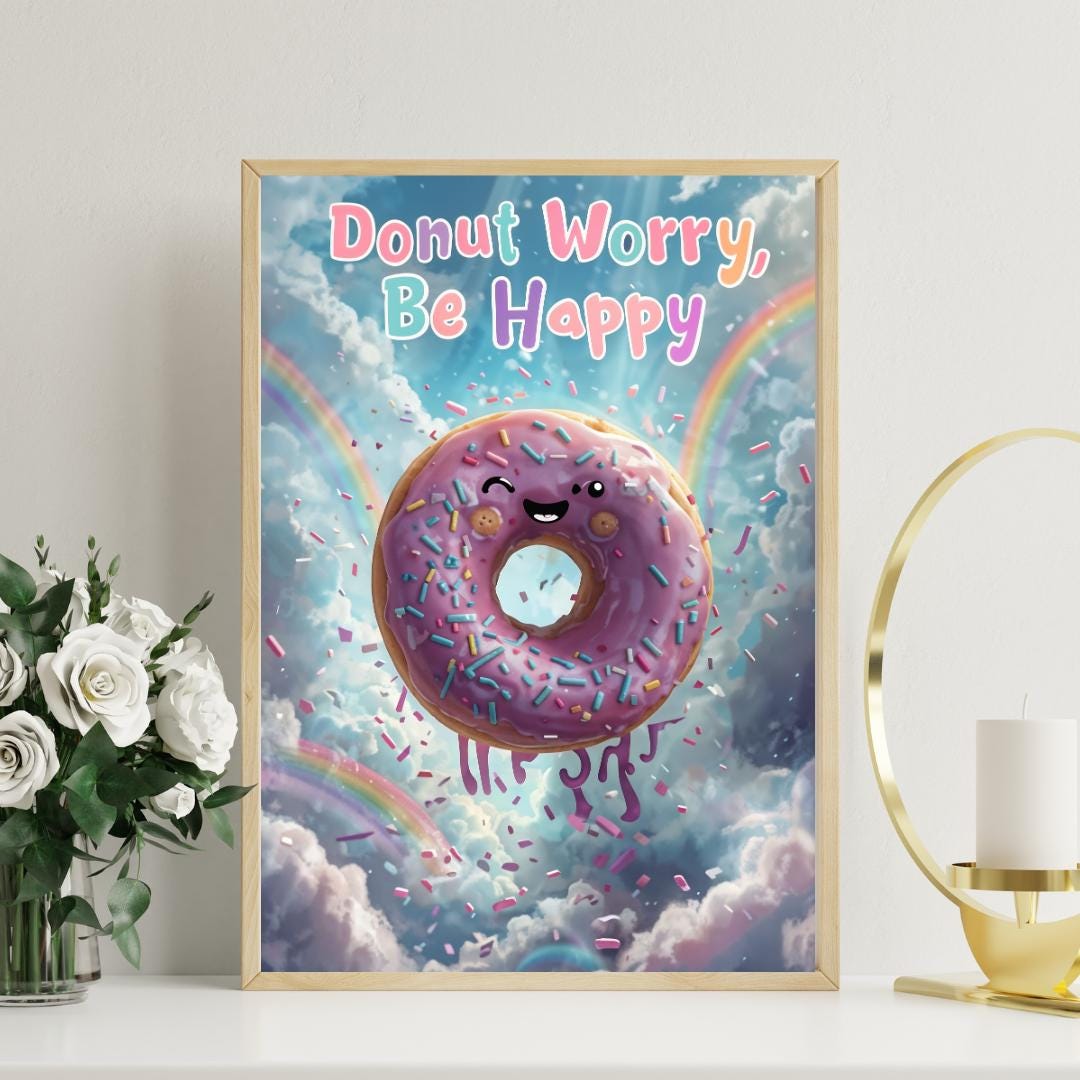 Donut Worry Be Happy Poster | Cute Motivational Art | Whimsical Digital Print