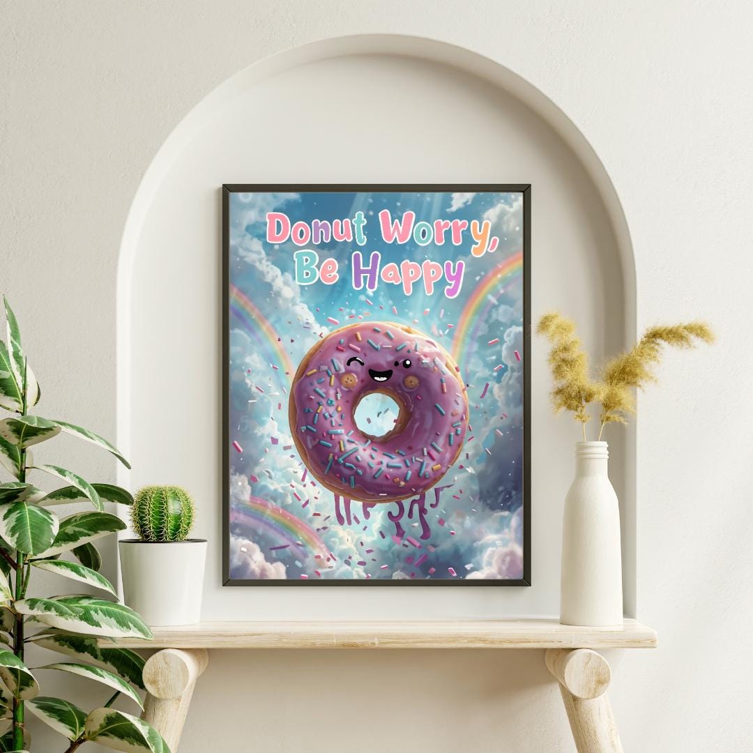 Donut Worry Be Happy Poster | Cute Motivational Art | Whimsical Digital Print
