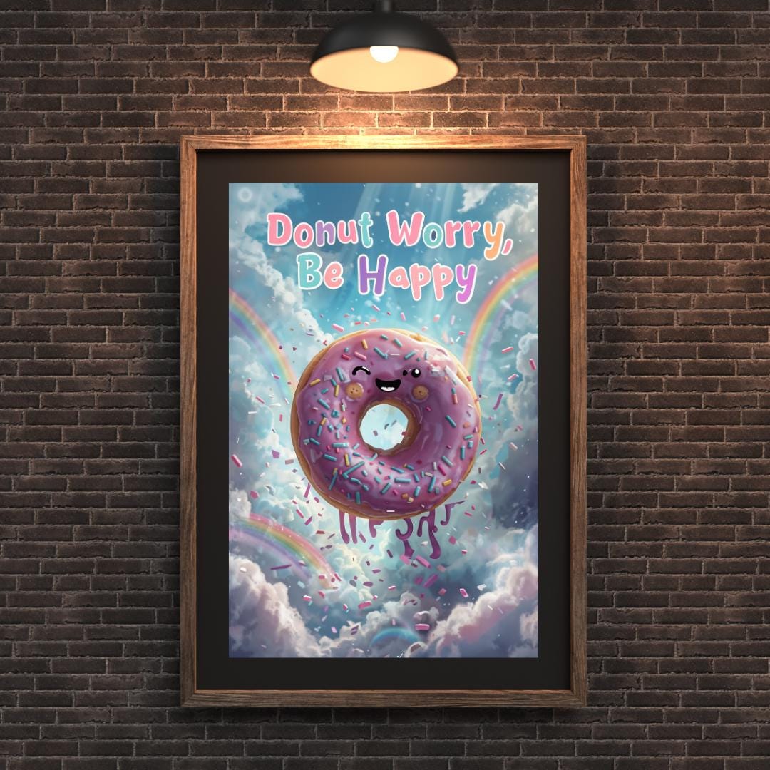Donut Worry Be Happy Poster | Cute Motivational Art | Whimsical Digital Print