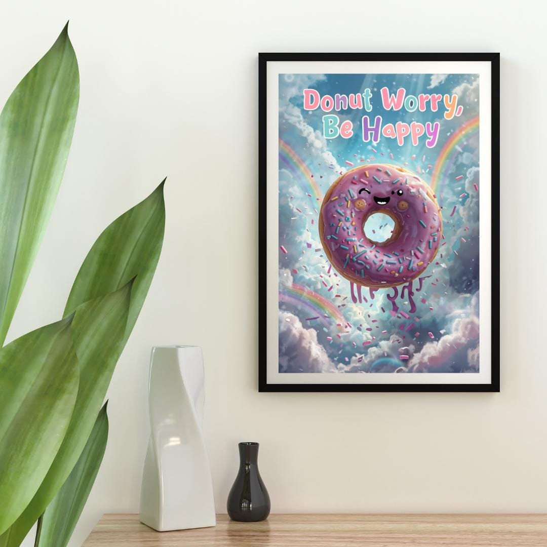 Donut Worry Be Happy Poster | Cute Motivational Art | Whimsical Digital Print