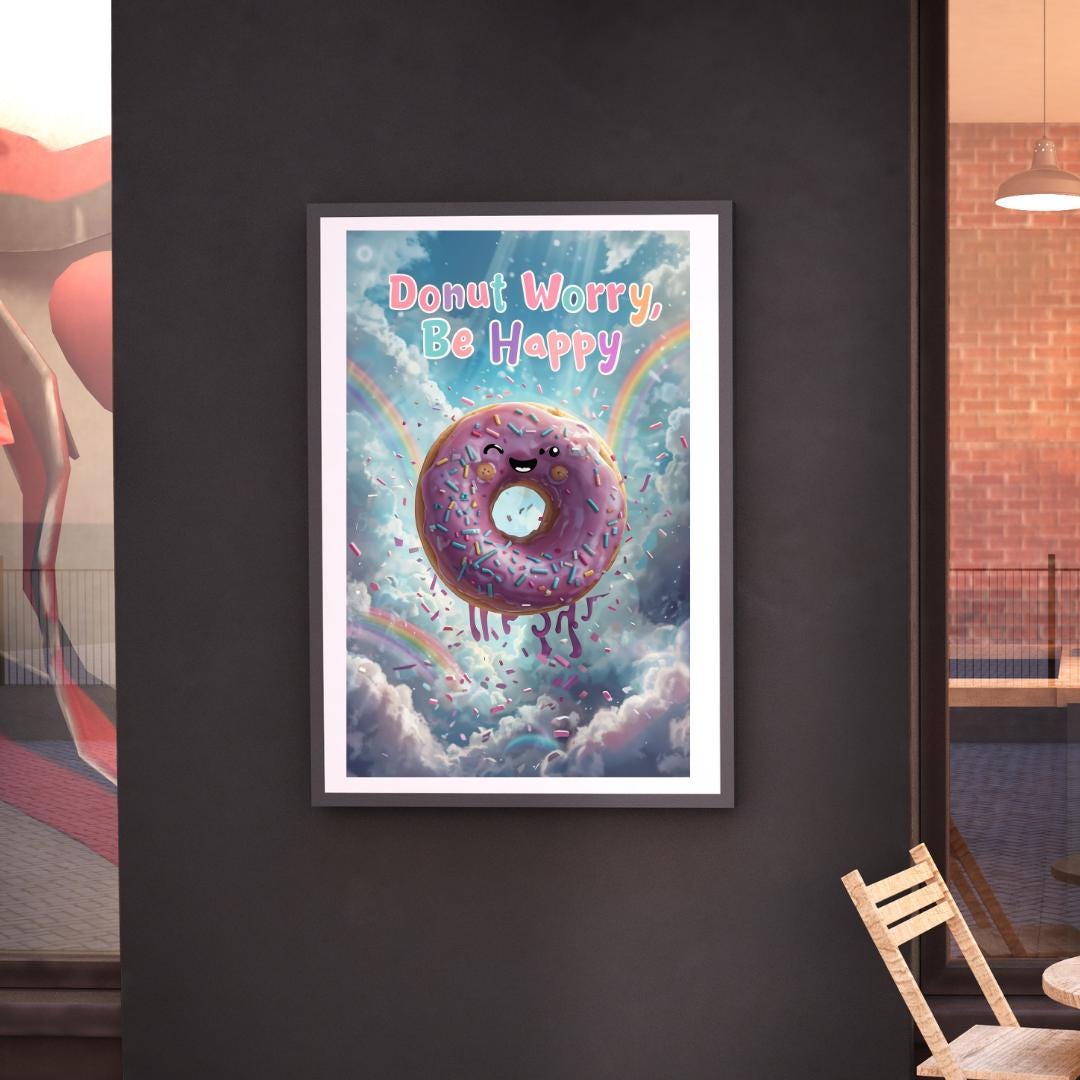 Donut Worry Be Happy Poster | Cute Motivational Art | Whimsical Digital Print