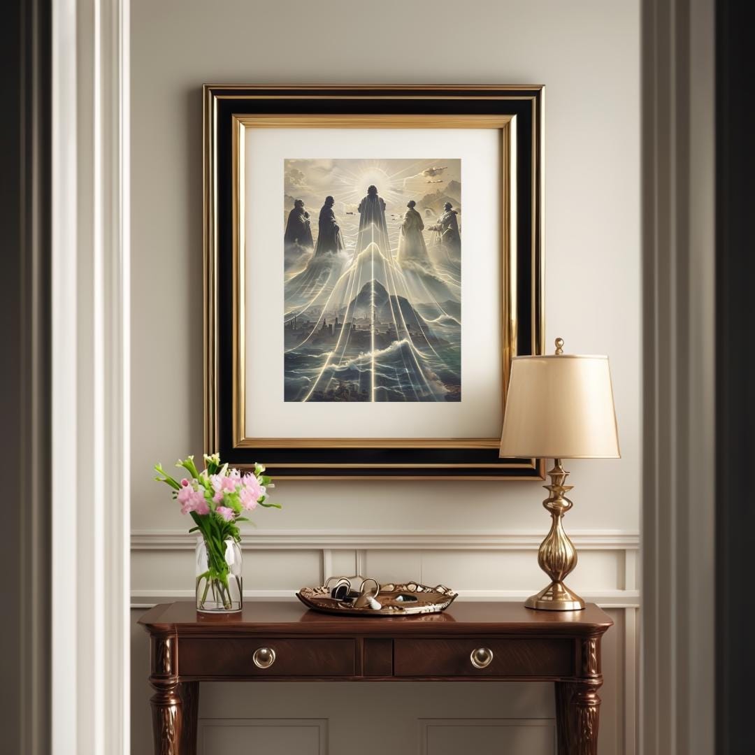 Framed poster of a mystical mountain scene with ethereal figures, displayed in various room settings, adding a spiritual and inspirational atmosphere.
