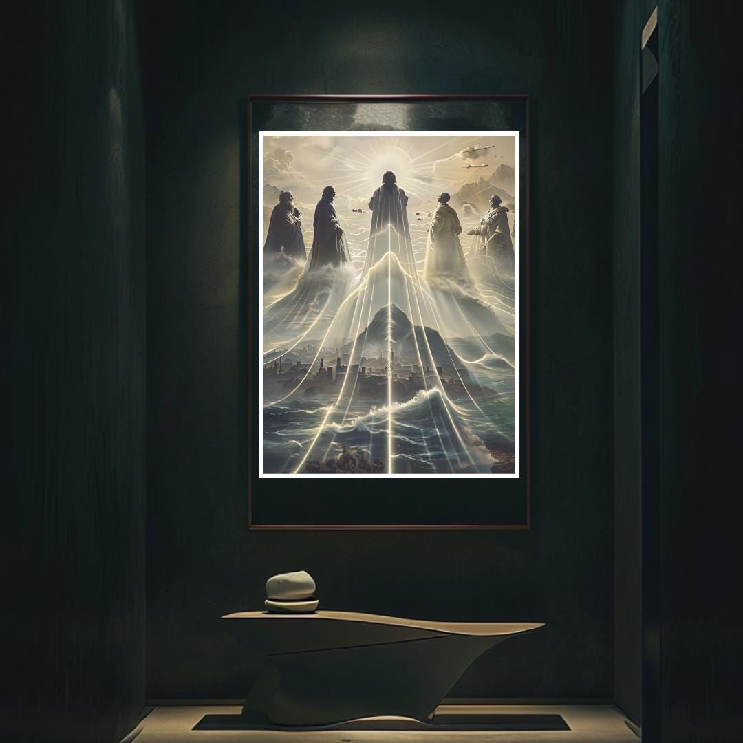 Framed poster of a mystical mountain scene with ethereal figures, displayed in various room settings, adding a spiritual and inspirational atmosphere.