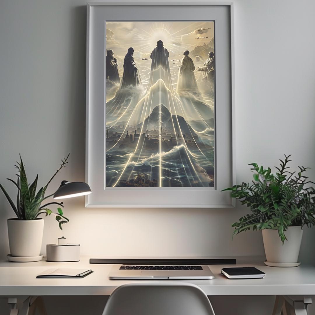 Framed poster of a mystical mountain scene with ethereal figures, displayed in various room settings, adding a spiritual and inspirational atmosphere.
