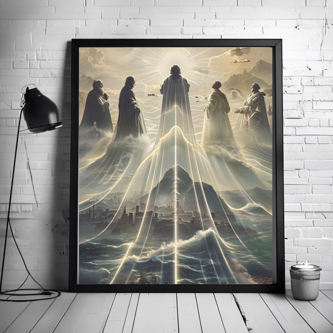 Framed poster of a mystical mountain scene with ethereal figures, displayed in various room settings, adding a spiritual and inspirational atmosphere.