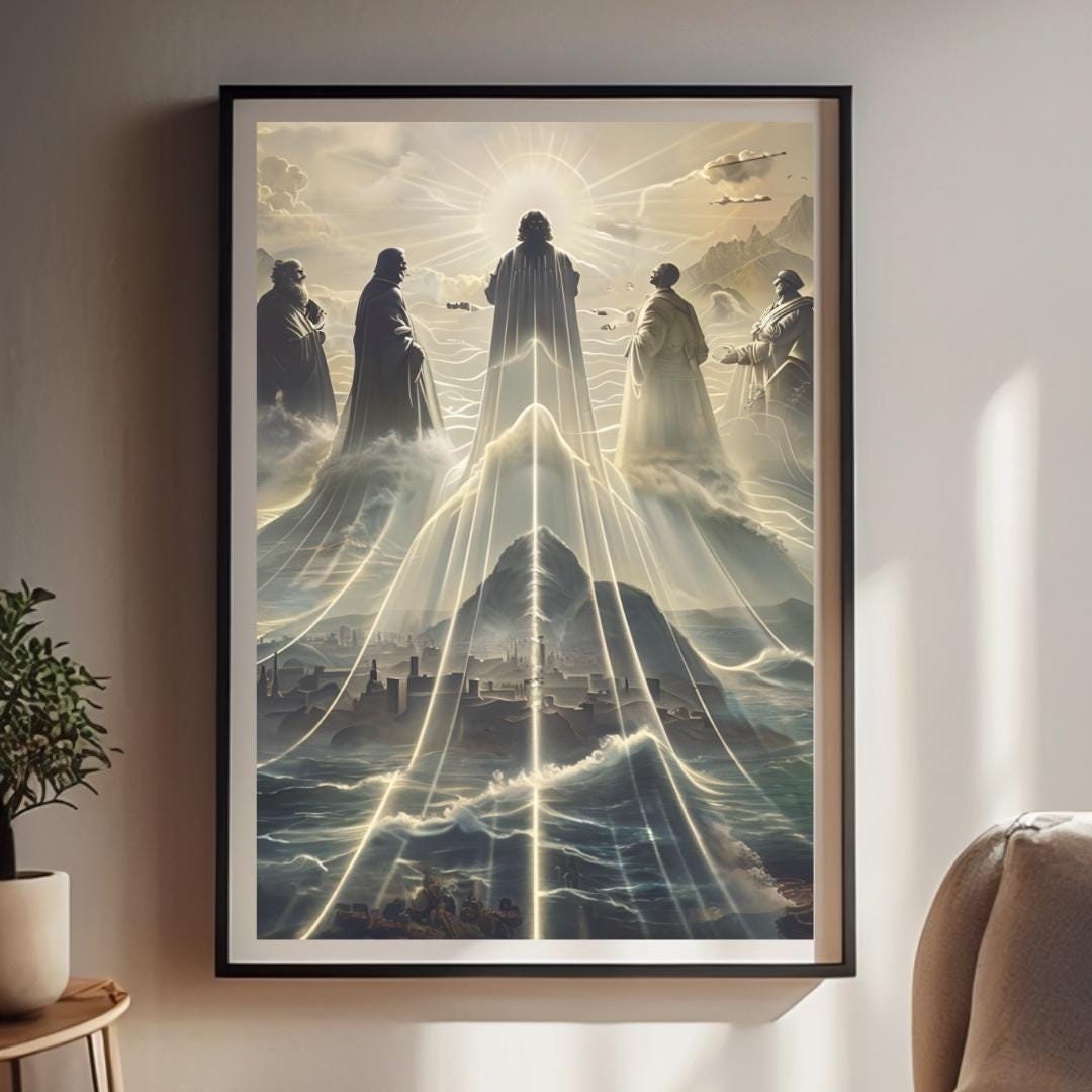 Framed poster of a mystical mountain scene with ethereal figures, displayed in various room settings, adding a spiritual and inspirational atmosphere.