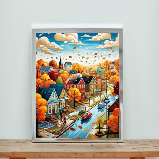 Autumn Neighborhood Print | Cozy Fall Wall Art | Vibrant Village Illustration