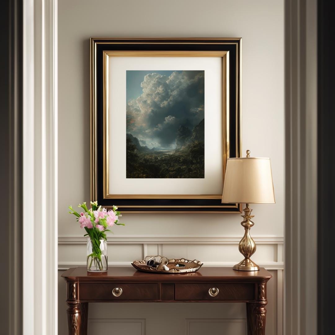 Moody stormy landscape with dark clouds and rugged mountains, creating an atmospheric and gothic nature art print, perfect for dramatic or dark aesthetic decor.