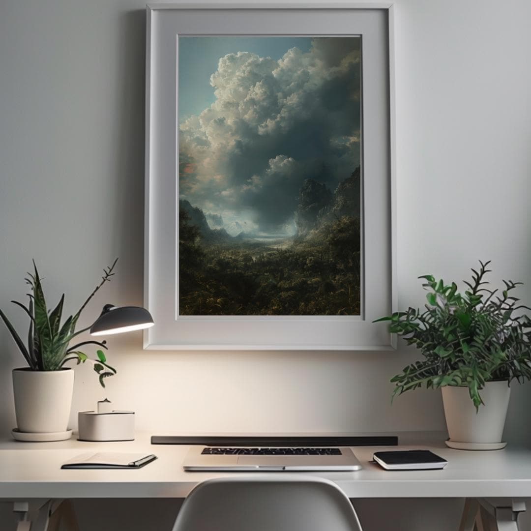 Moody stormy landscape with dark clouds and rugged mountains, creating an atmospheric and gothic nature art print, perfect for dramatic or dark aesthetic decor.