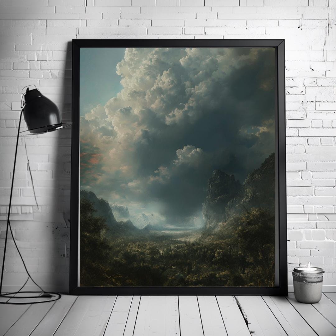 Moody stormy landscape with dark clouds and rugged mountains, creating an atmospheric and gothic nature art print, perfect for dramatic or dark aesthetic decor.
