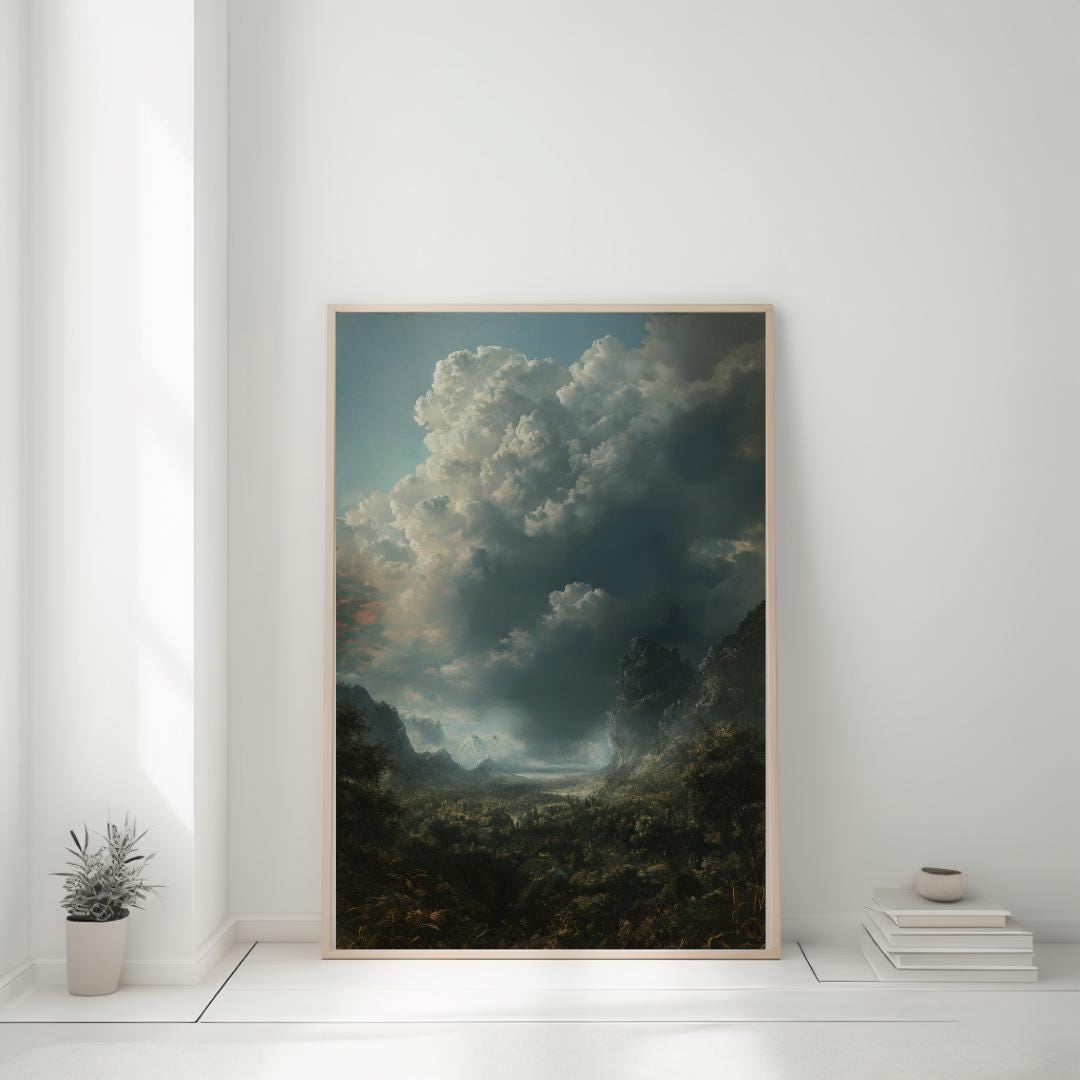 Moody stormy landscape with dark clouds and rugged mountains, creating an atmospheric and gothic nature art print, perfect for dramatic or dark aesthetic decor.