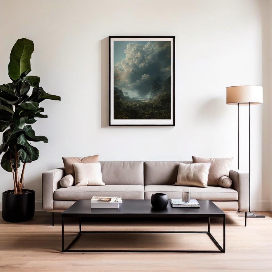 Moody stormy landscape with dark clouds and rugged mountains, creating an atmospheric and gothic nature art print, perfect for dramatic or dark aesthetic decor.