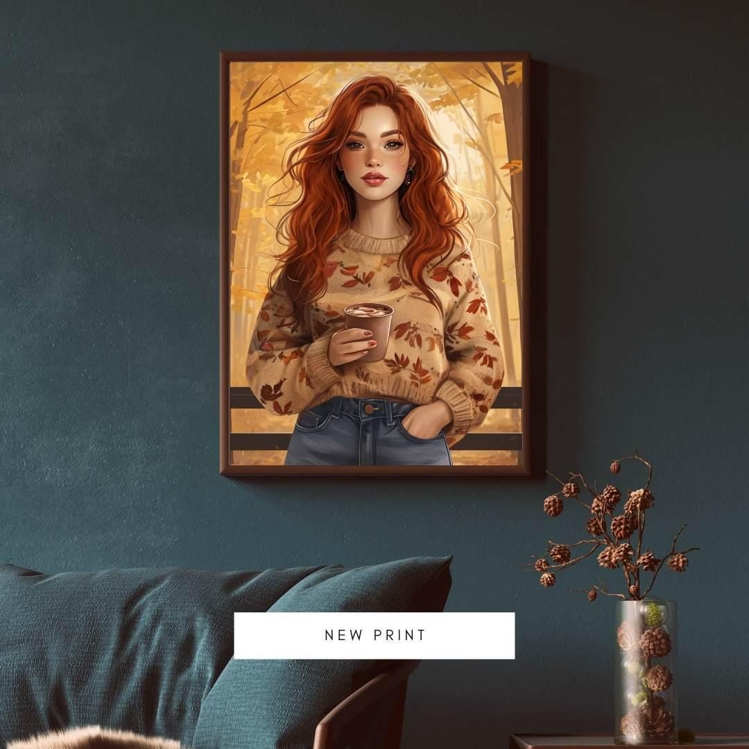 Autumn Fashion Portrait | Redhead Woman Fall Aesthetic | Cozy Printable Wall Art