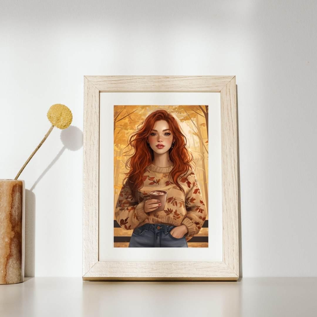 Autumn Fashion Portrait | Redhead Woman Fall Aesthetic | Cozy Printable Wall Art
