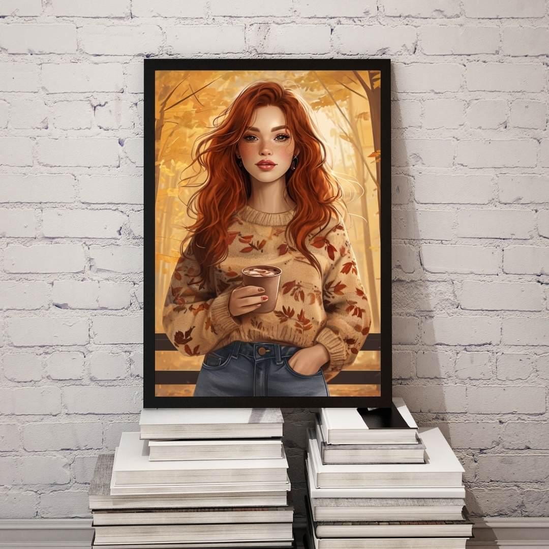 Autumn Fashion Portrait | Redhead Woman Fall Aesthetic | Cozy Printable Wall Art