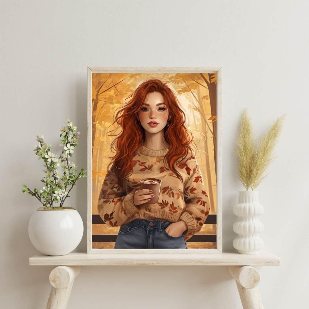Autumn Fashion Portrait | Redhead Woman Fall Aesthetic | Cozy Printable Wall Art
