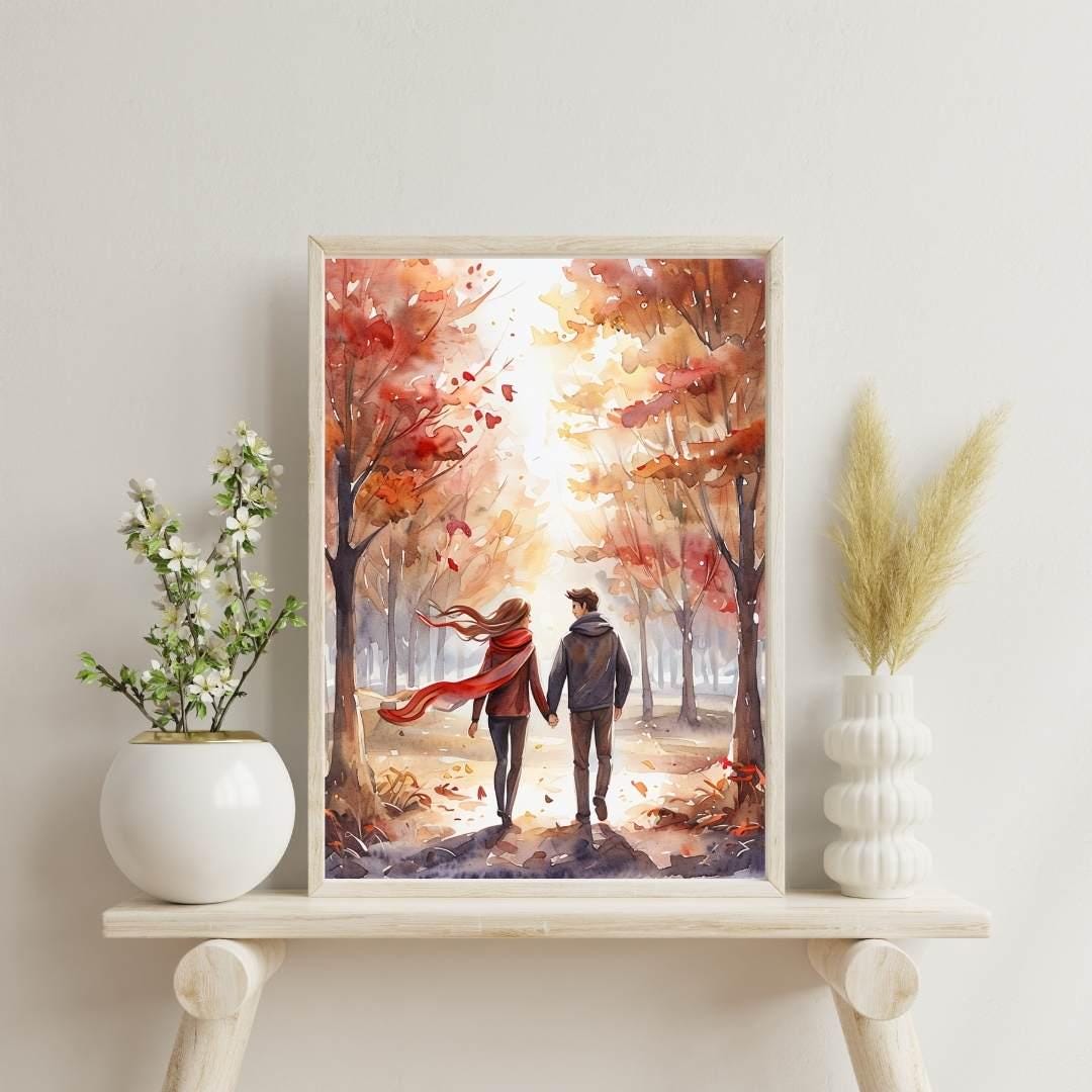 Autumn Couple Walk Print | Romantic Fall Watercolor Art | Cozy Home Decor
