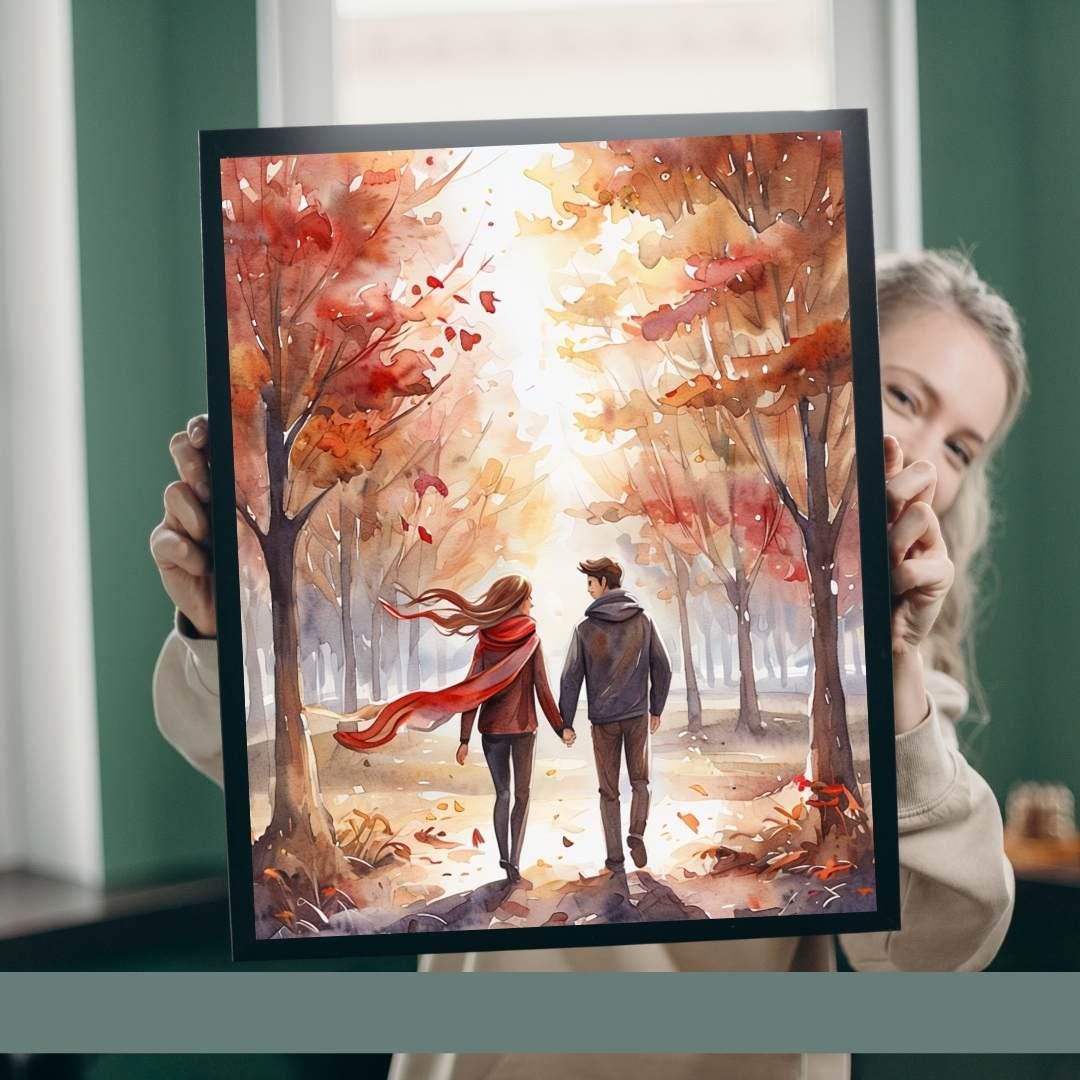 Autumn Couple Walk Print | Romantic Fall Watercolor Art | Cozy Home Decor