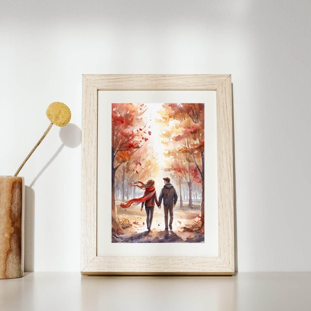 Autumn Couple Walk Print | Romantic Fall Watercolor Art | Cozy Home Decor