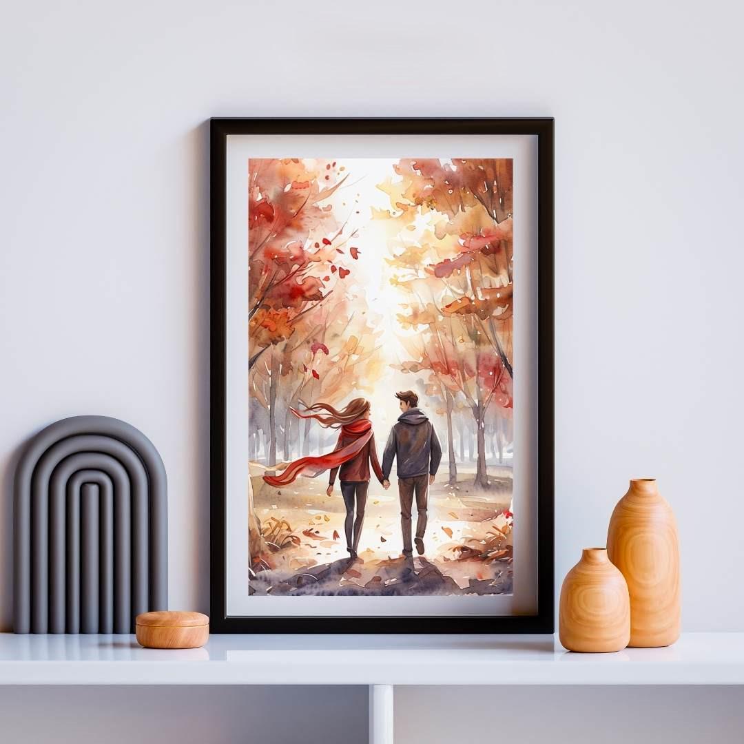 Autumn Couple Walk Print | Romantic Fall Watercolor Art | Cozy Home Decor