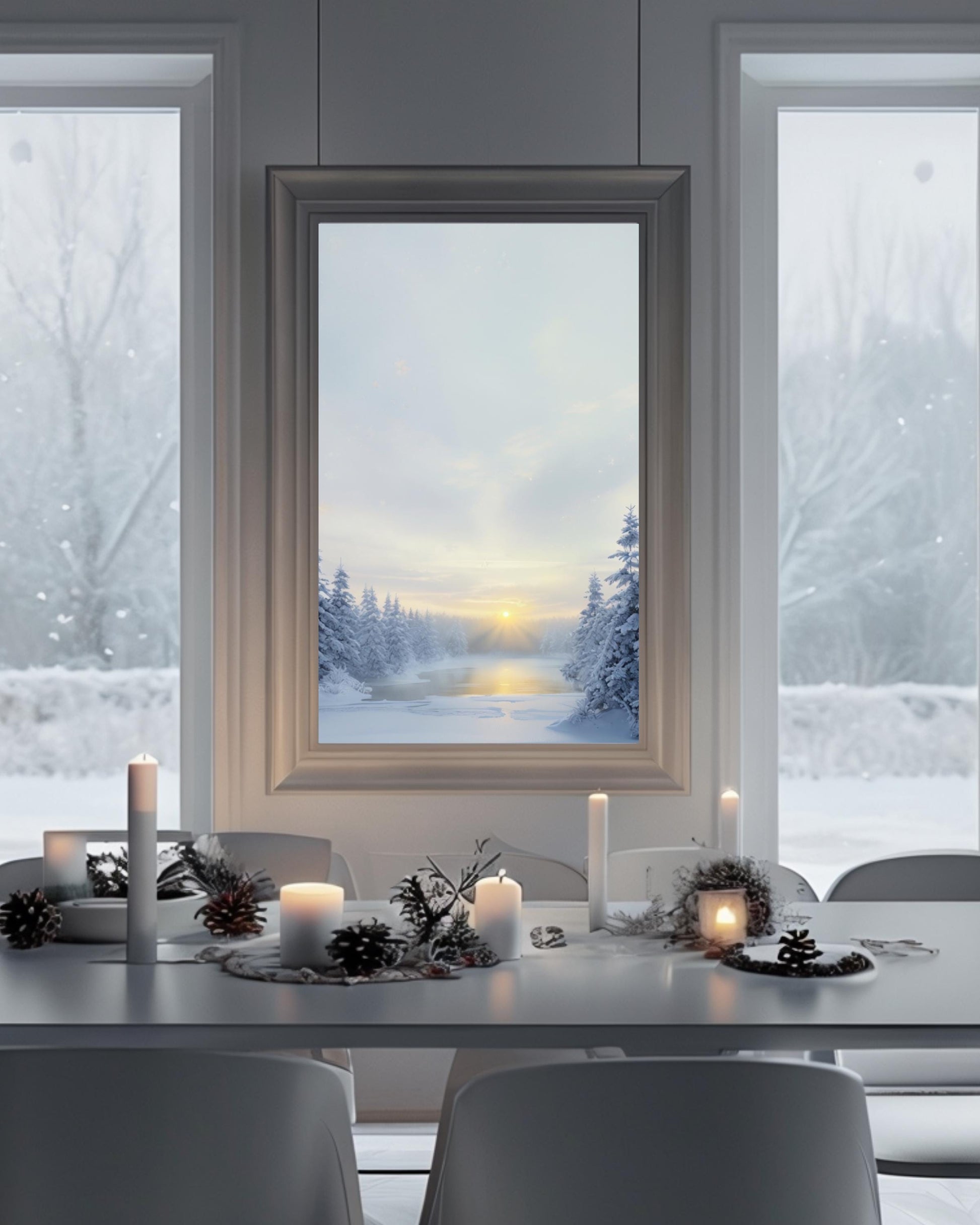 Serene snowy forest scene with sunrise, ideal for winter and Christmas home decor.