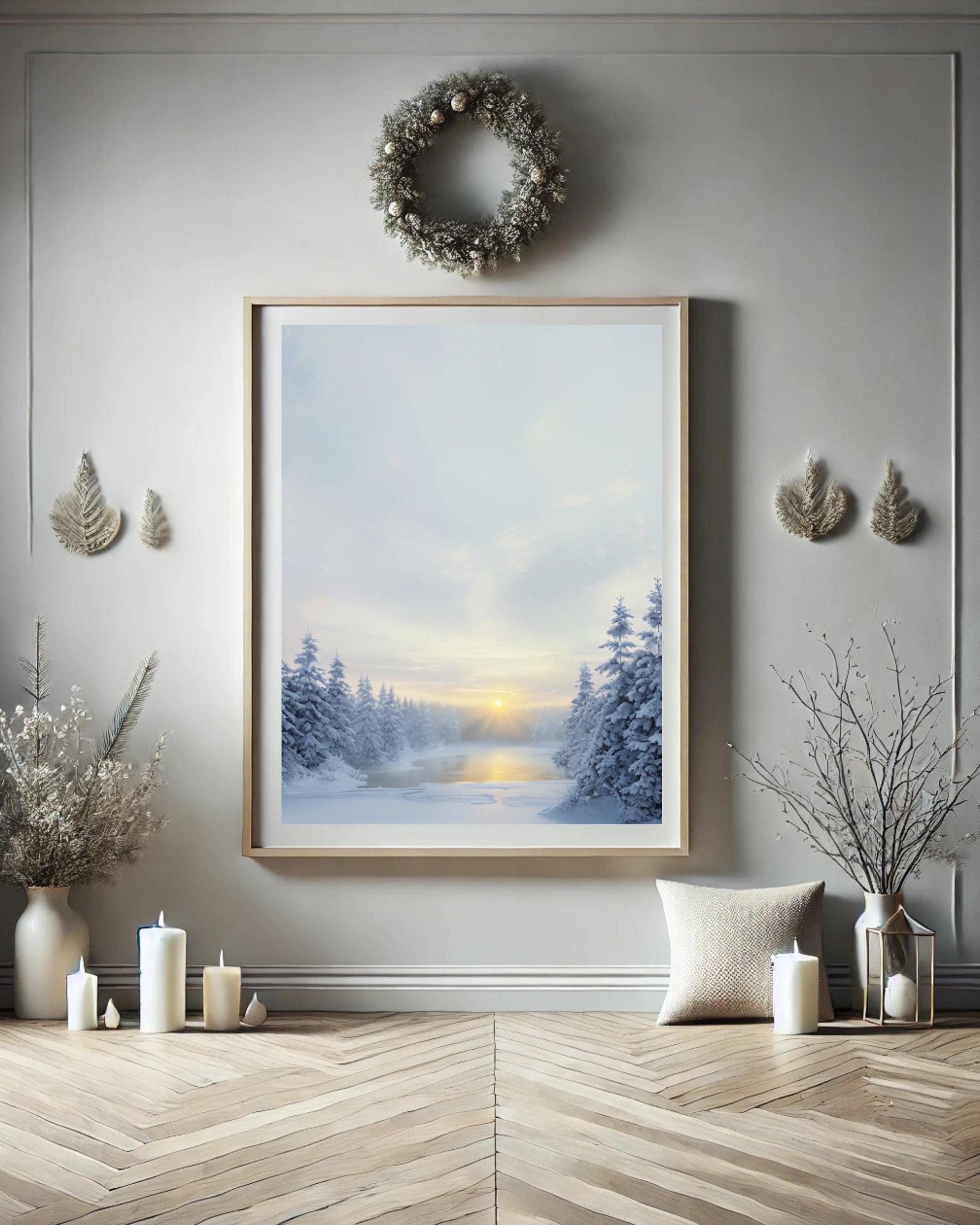 Serene snowy forest scene with sunrise, ideal for winter and Christmas home decor.