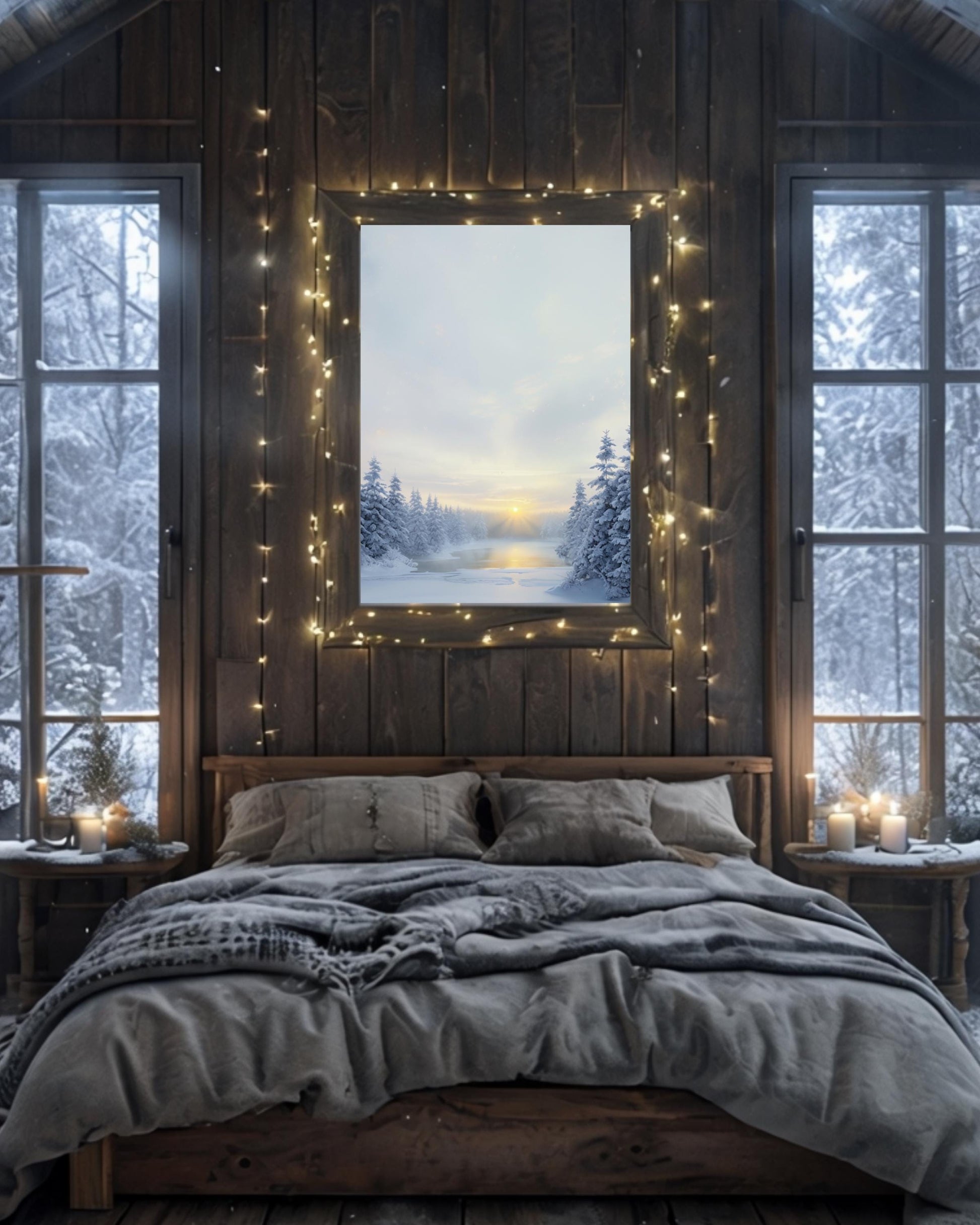 Serene snowy forest scene with sunrise, ideal for winter and Christmas home decor.