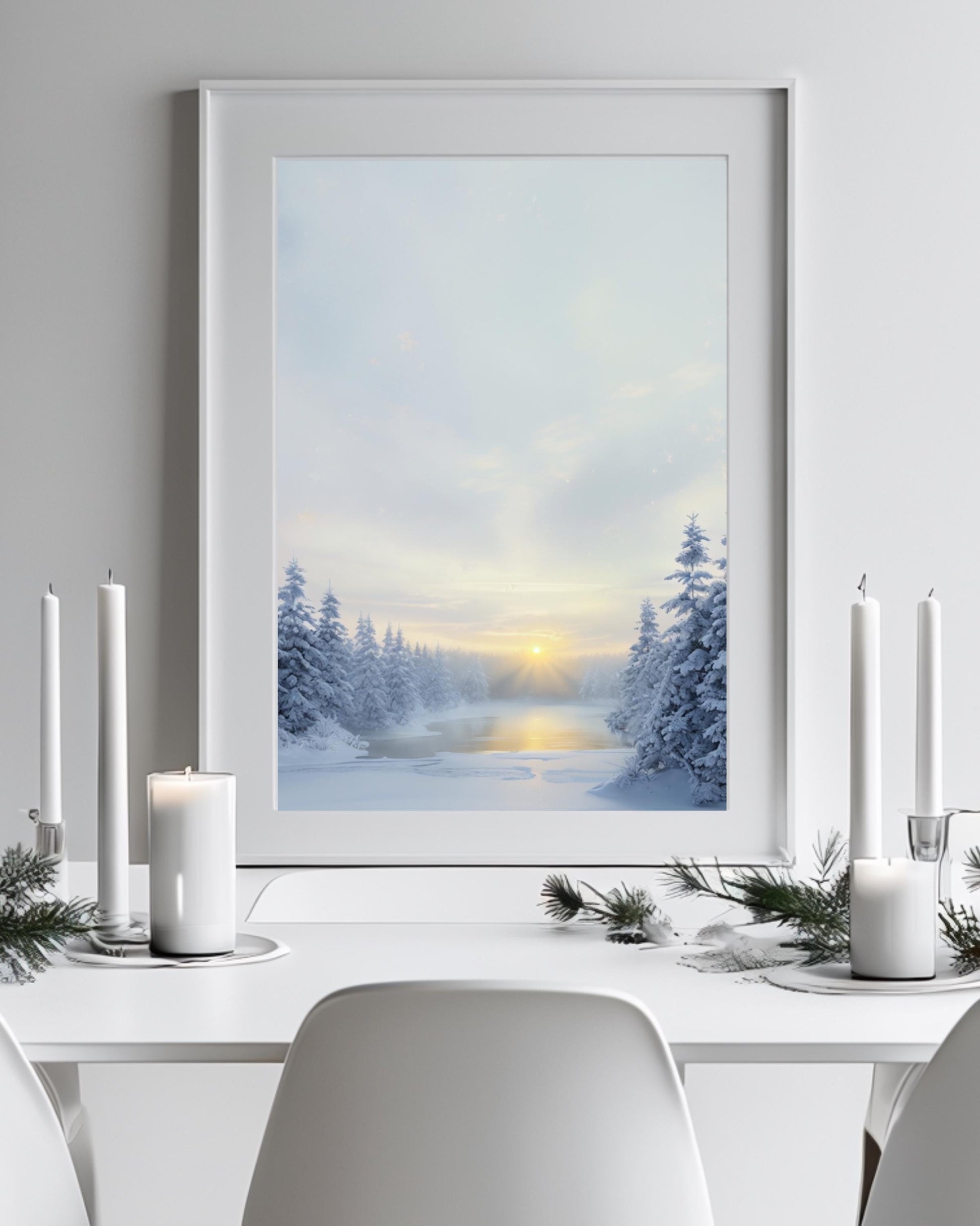 Serene snowy forest scene with sunrise, ideal for winter and Christmas home decor.