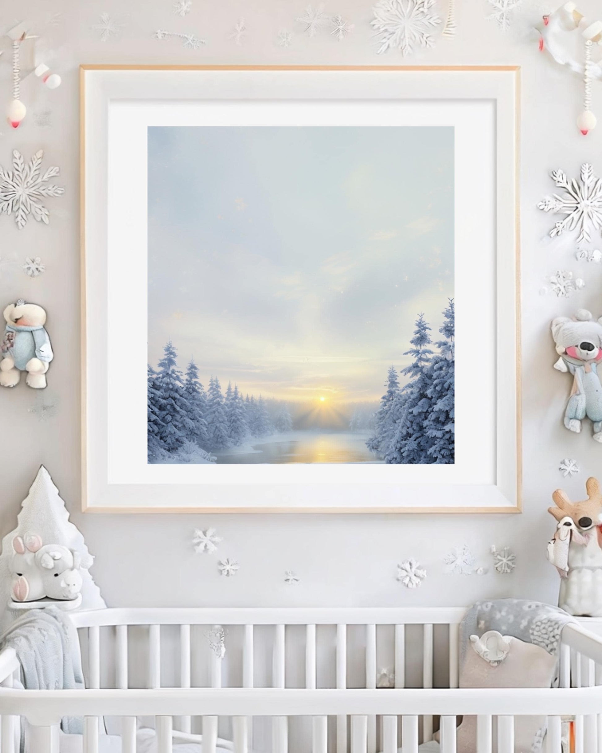 Serene snowy forest scene with sunrise, ideal for winter and Christmas home decor.