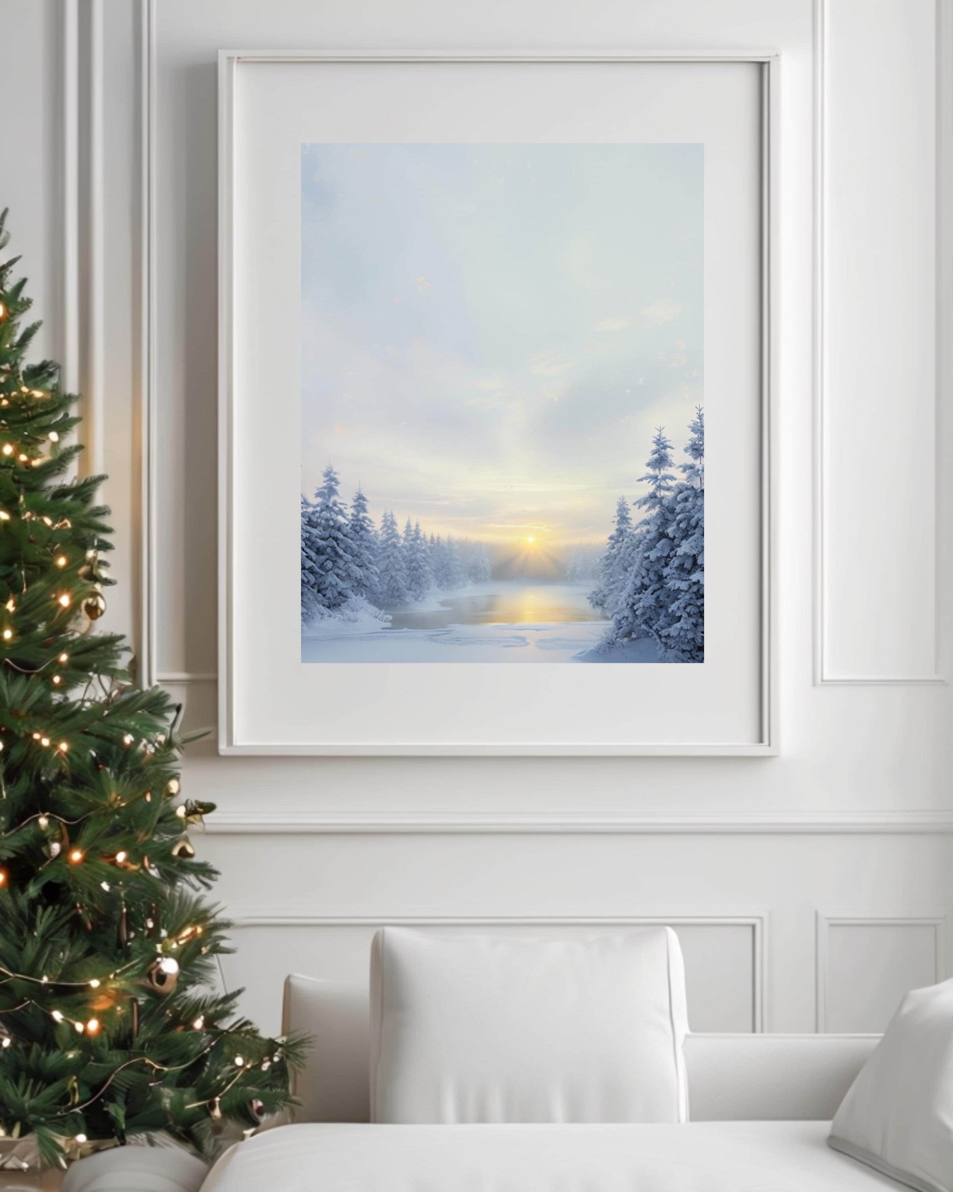 Serene snowy forest scene with sunrise, ideal for winter and Christmas home decor.