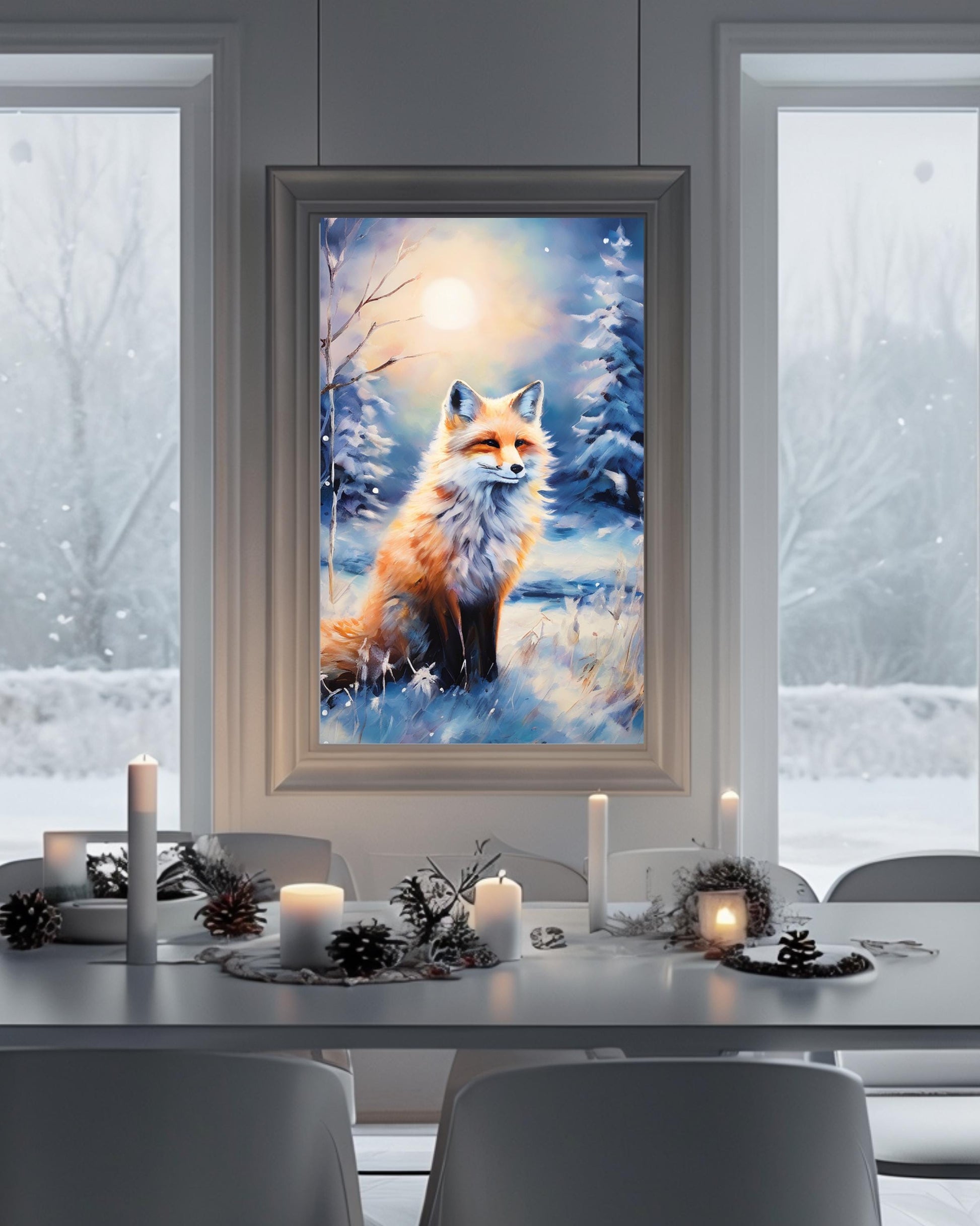 Winter woodland fox art print, perfect for cozy holiday decor, digital download.