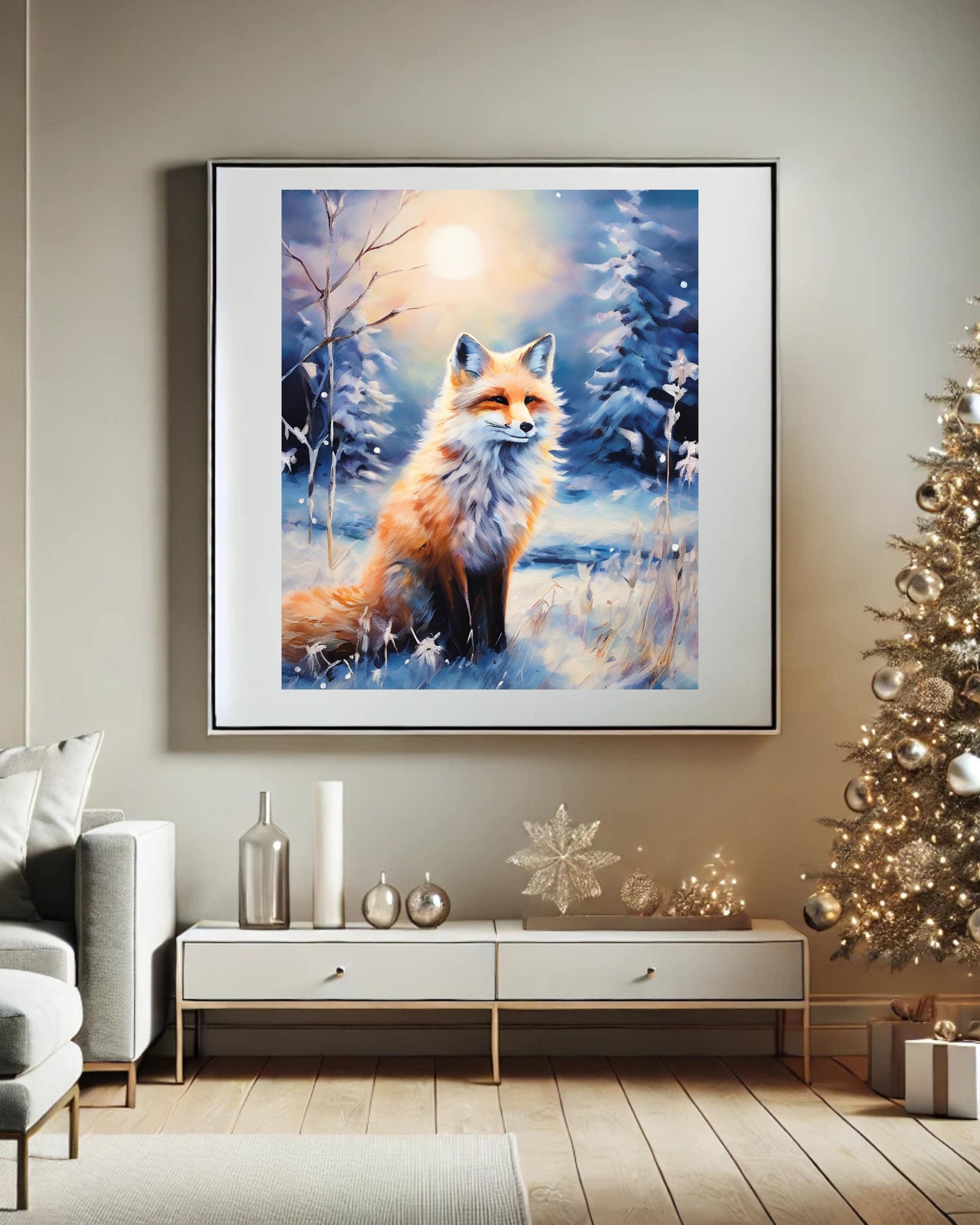 Winter woodland fox art print, perfect for cozy holiday decor, digital download.