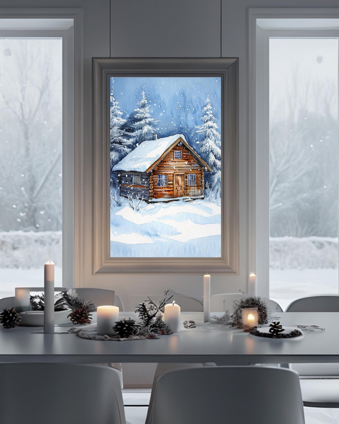 This poster displays a rustic snowy cabin surrounded by pine trees and snowflakes, framed in different room settings like the living room, bedroom, or nursery. It's perfect for winter decor and holiday-themed interiors, adding a cozy, festive touch.