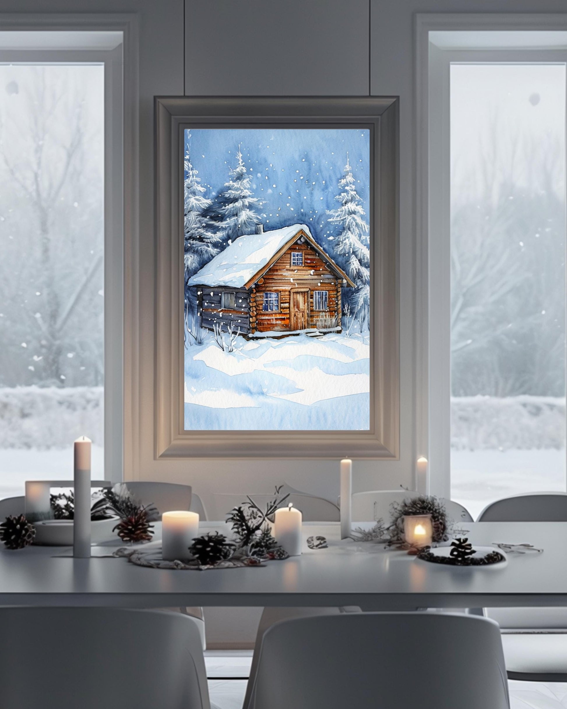 This poster displays a rustic snowy cabin surrounded by pine trees and snowflakes, framed in different room settings like the living room, bedroom, or nursery. It's perfect for winter decor and holiday-themed interiors, adding a cozy, festive touch.