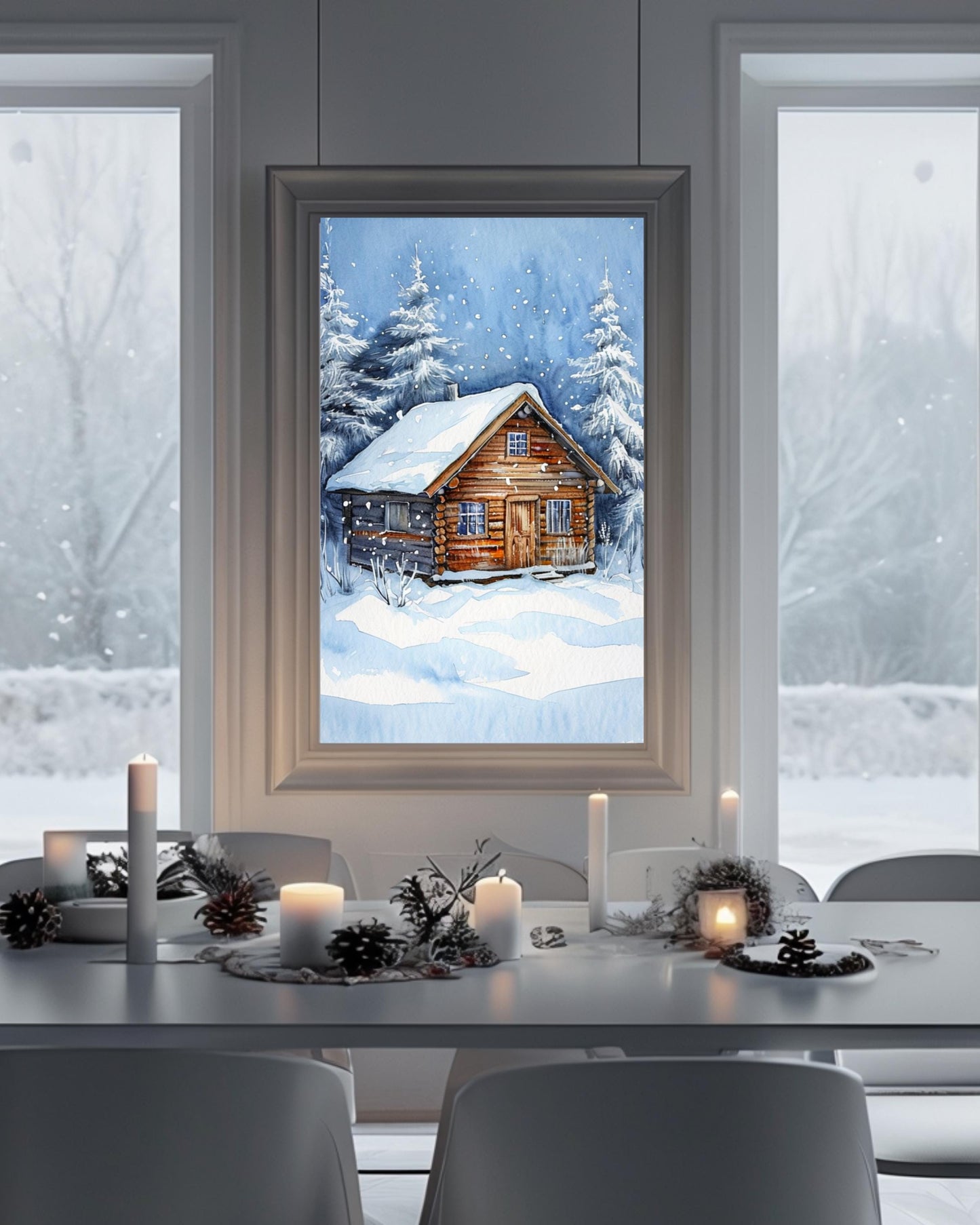 This poster displays a rustic snowy cabin surrounded by pine trees and snowflakes, framed in different room settings like the living room, bedroom, or nursery. It's perfect for winter decor and holiday-themed interiors, adding a cozy, festive touch.