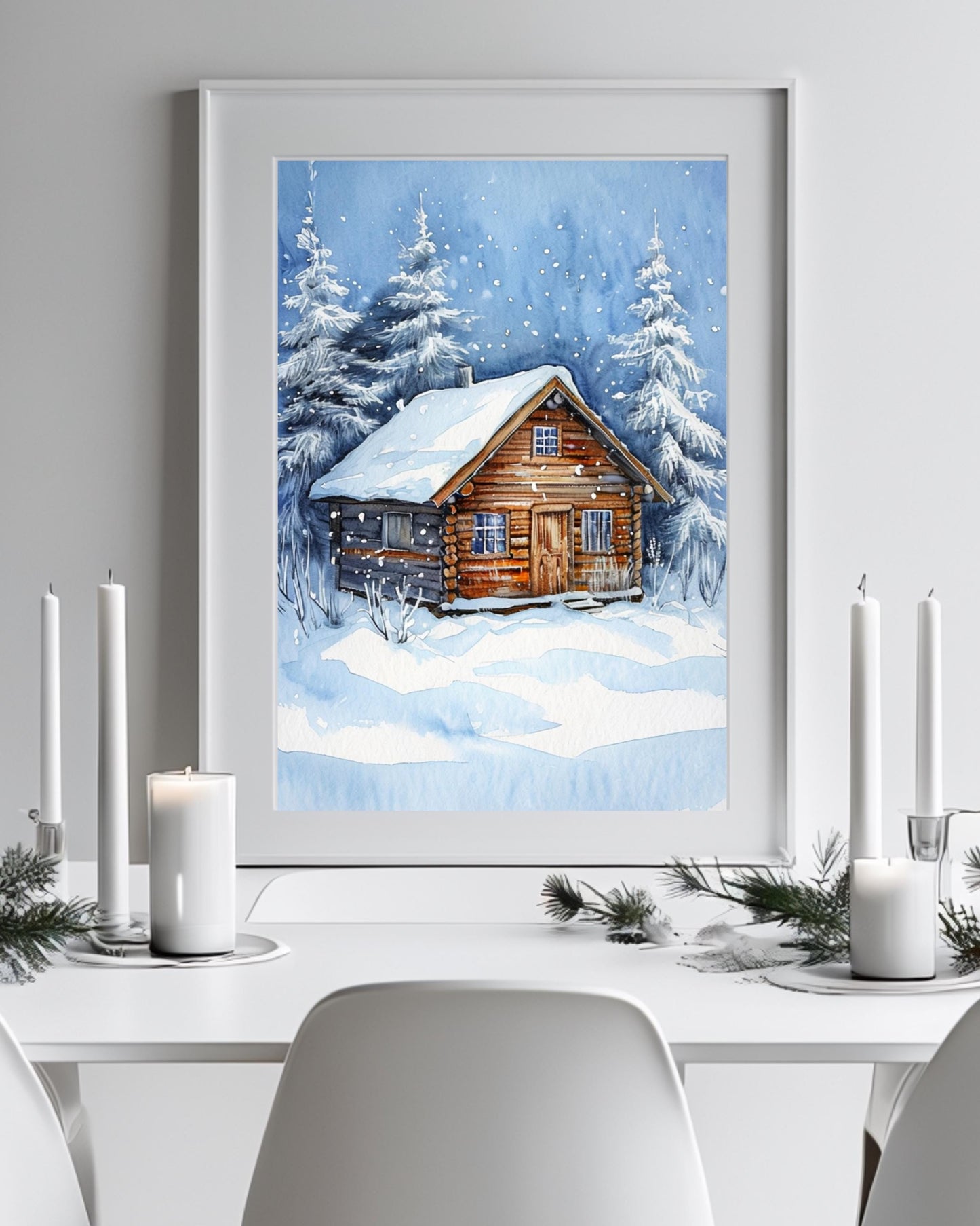 This poster displays a rustic snowy cabin surrounded by pine trees and snowflakes, framed in different room settings like the living room, bedroom, or nursery. It's perfect for winter decor and holiday-themed interiors, adding a cozy, festive touch.