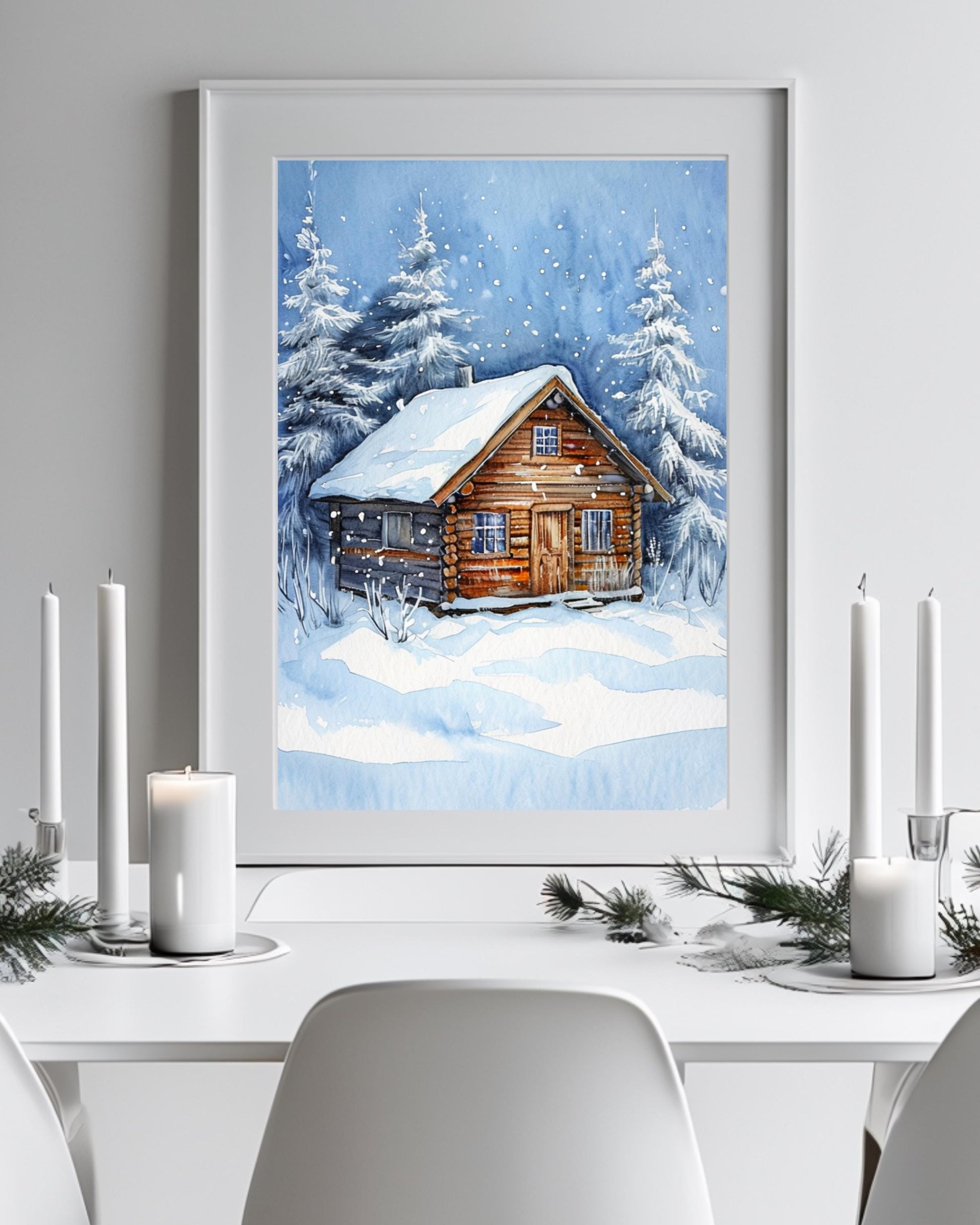 This poster displays a rustic snowy cabin surrounded by pine trees and snowflakes, framed in different room settings like the living room, bedroom, or nursery. It's perfect for winter decor and holiday-themed interiors, adding a cozy, festive touch.
