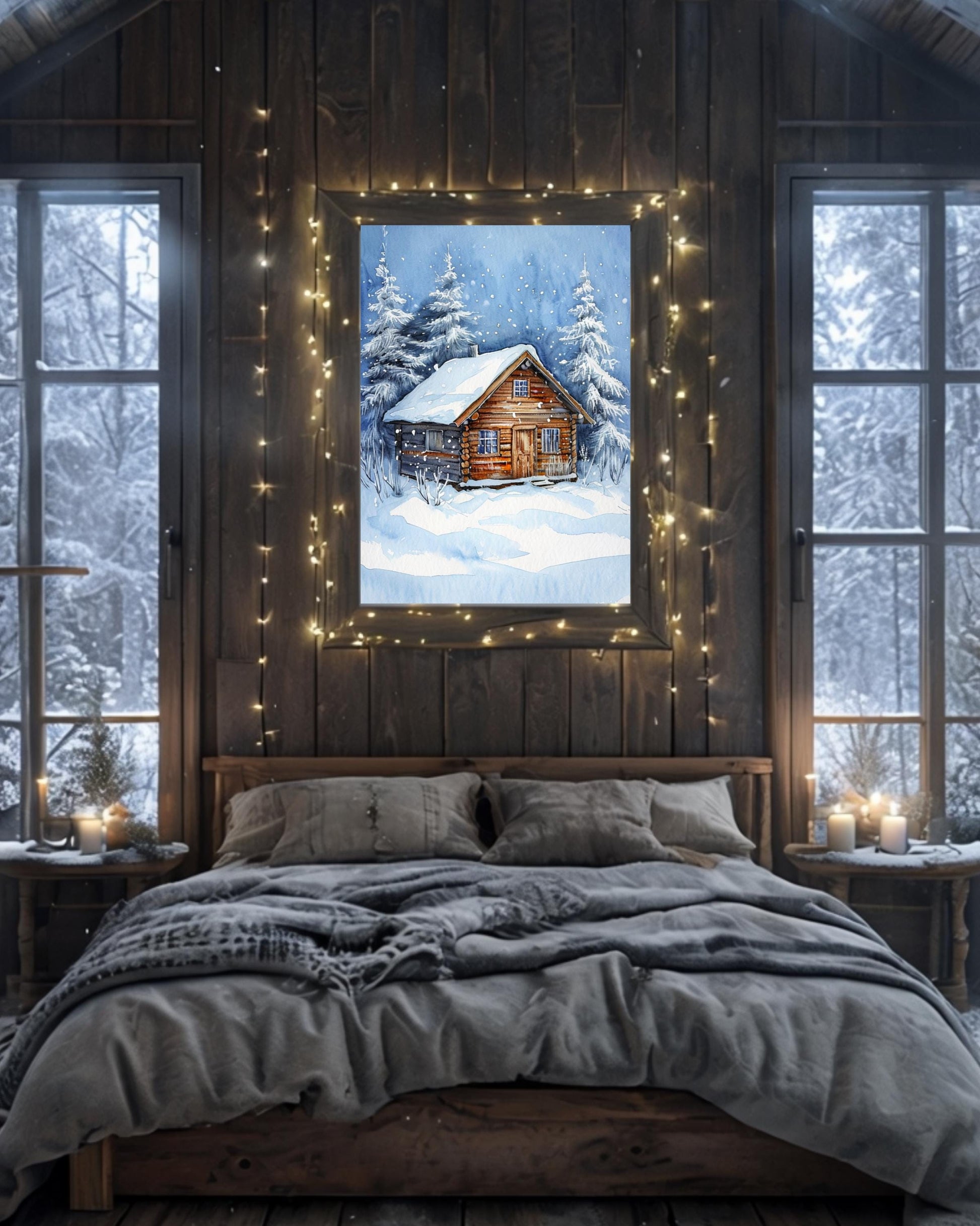This poster displays a rustic snowy cabin surrounded by pine trees and snowflakes, framed in different room settings like the living room, bedroom, or nursery. It's perfect for winter decor and holiday-themed interiors, adding a cozy, festive touch.