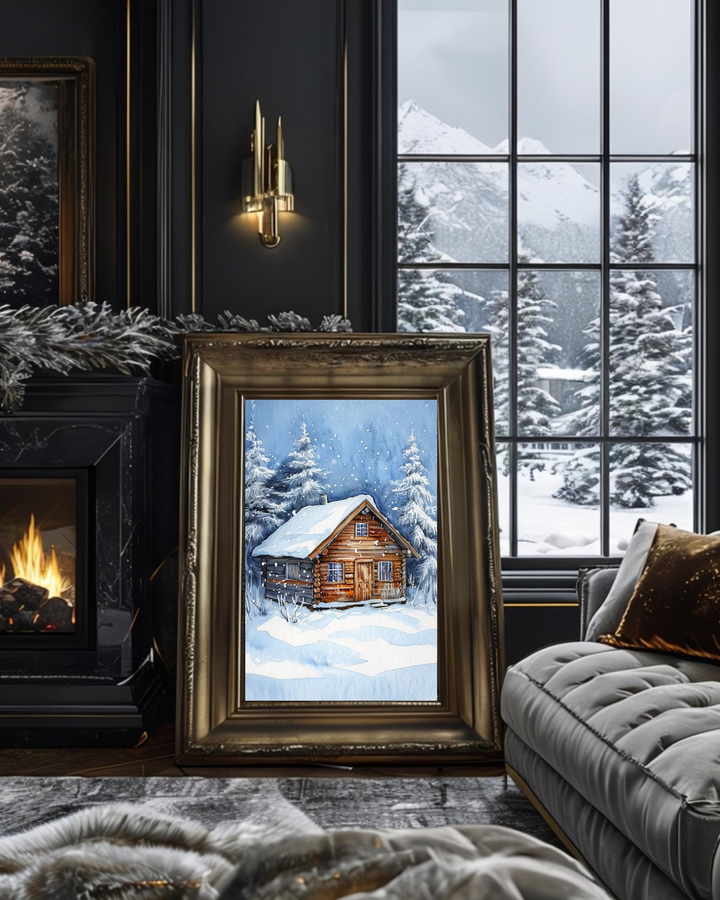 This poster displays a rustic snowy cabin surrounded by pine trees and snowflakes, framed in different room settings like the living room, bedroom, or nursery. It's perfect for winter decor and holiday-themed interiors, adding a cozy, festive touch.