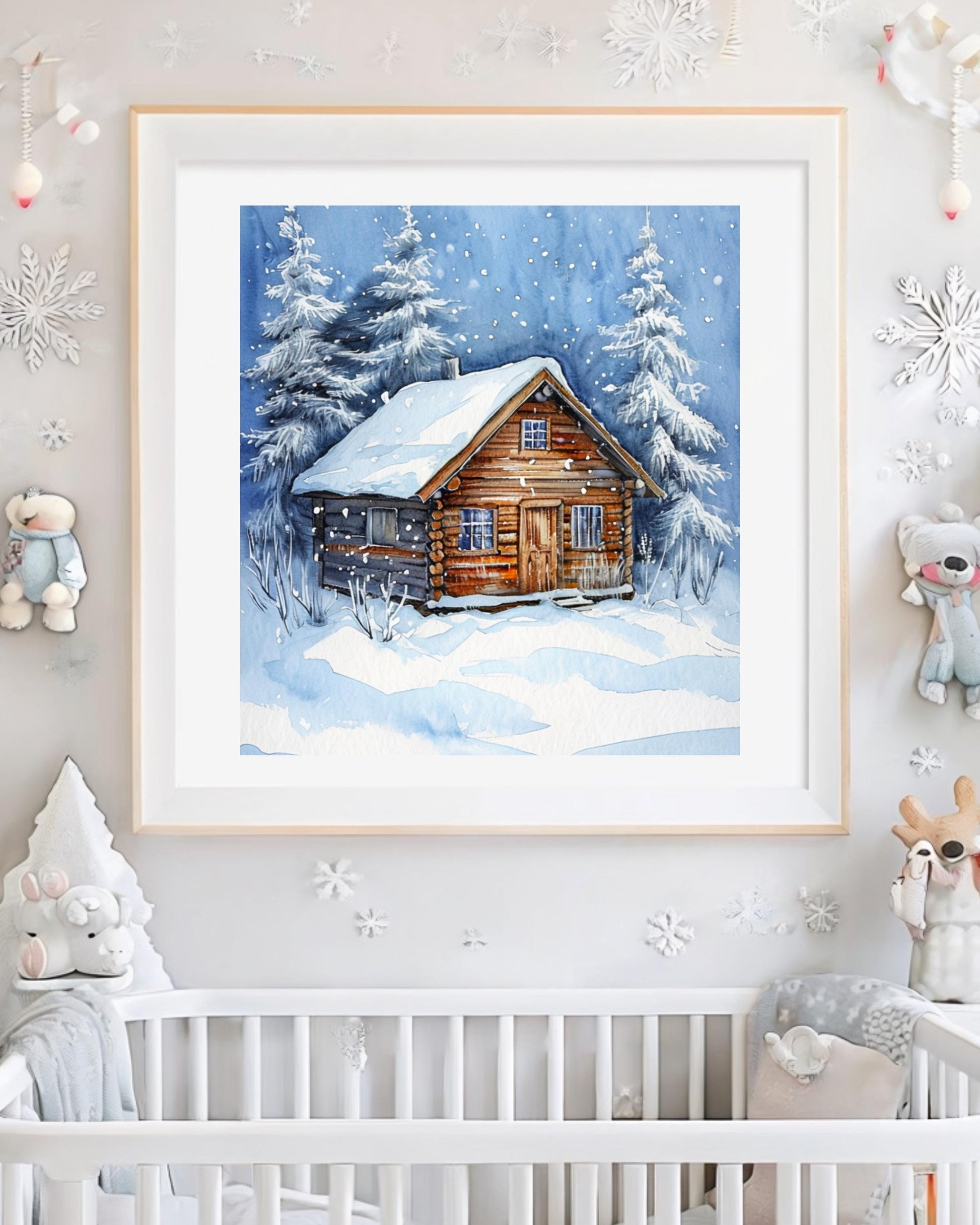 This poster displays a rustic snowy cabin surrounded by pine trees and snowflakes, framed in different room settings like the living room, bedroom, or nursery. It's perfect for winter decor and holiday-themed interiors, adding a cozy, festive touch.