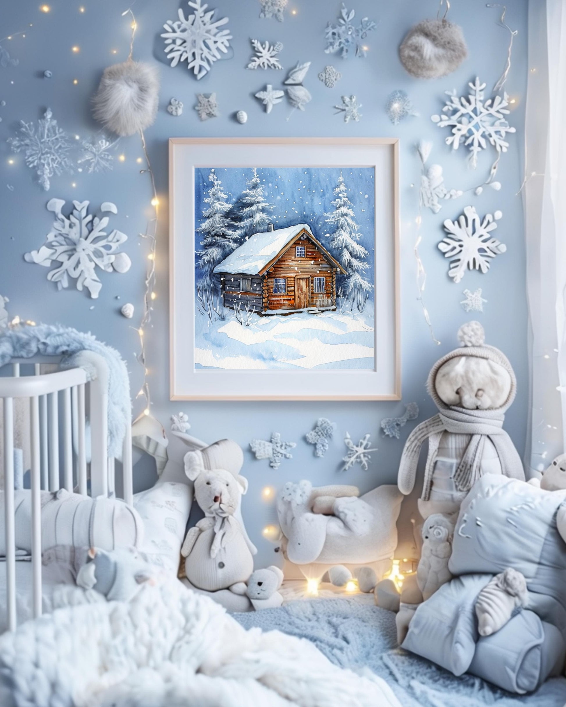 This poster displays a rustic snowy cabin surrounded by pine trees and snowflakes, framed in different room settings like the living room, bedroom, or nursery. It's perfect for winter decor and holiday-themed interiors, adding a cozy, festive touch.
