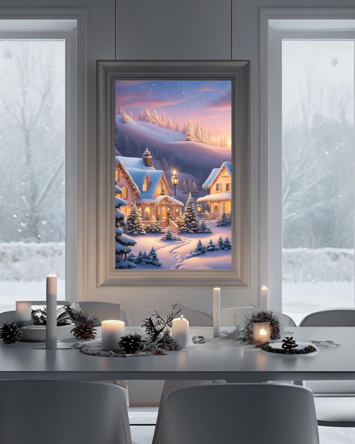 This poster showcases a cozy snowy cottage surrounded by trees under a winter sky. Displayed in various room settings, including living room, bedroom, or nursery, it's ideal for winter decor and holiday-themed interiors.
